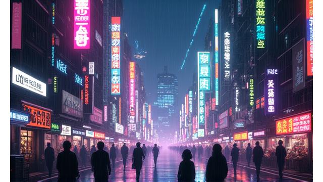 ネオンとサイバーパンクの要素を持つ未来的な中野の街並み。