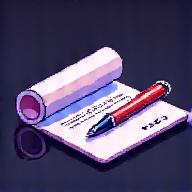 契約書とペン、法的な合意を象徴するピクセルアートのアイコン